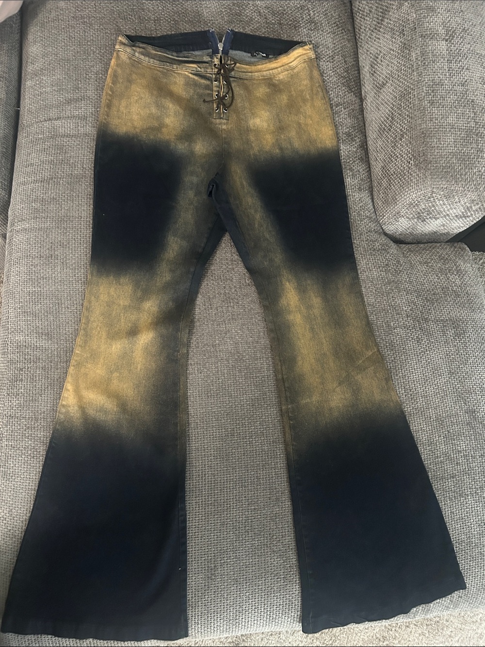 Y2K Black Gold Acid Wash Lace Up Flare Jeans Pants XL - Picture 2 of 13